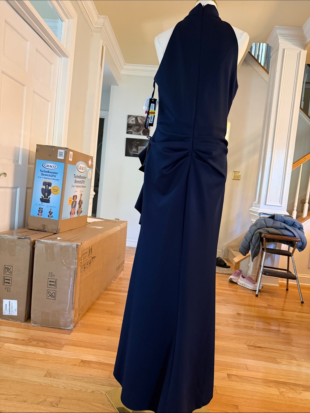 XSCAPE Navy Halter Evening Gown with Side Ruffle - Picture 3 of 7